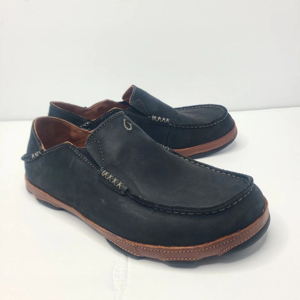 OluKai Moloa Black Toffee Leather Slip On Heel Loafers Shoes Men's 7 EUR 40